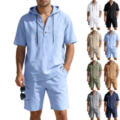 Men's loose, breathable linen hooded casual set featuring a relaxed fit and lightweight fabric, perfect for comfortable everyday wear.