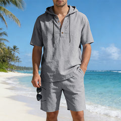 Men's loose, breathable linen casual set with hood, featuring relaxed fit and lightweight fabric, perfect for comfortable everyday wear.