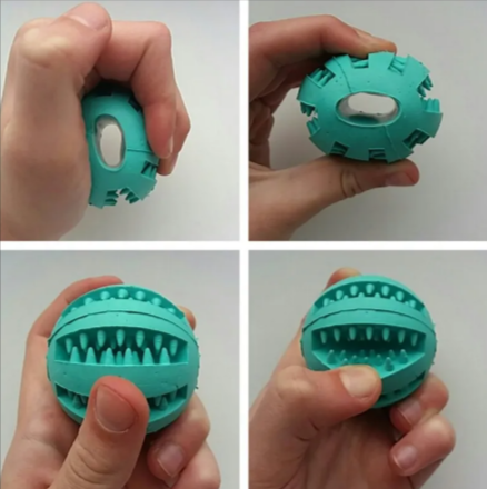 Interactive rubber dog ball with slow feeder design, durable and colorful, designed for engaging play and mental stimulation.