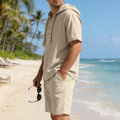 Men's loose, breathable linen casual set with hood, featuring lightweight fabric and relaxed fit for comfortable everyday wear.