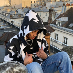 Star printed zip-up hoodie from My Store, featuring a front zipper, hood, and celestial star pattern on soft fabric.