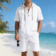 Men's loose, breathable linen casual set with hood, featuring a relaxed fit and lightweight fabric for comfortable everyday wear.