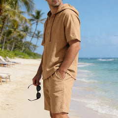 Men's loose, breathable linen hooded casual set featuring a relaxed fit and lightweight fabric, perfect for comfortable everyday wear.