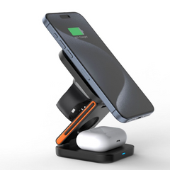 Wireless 3-in-1 folding charger from My Store, showing a compact charging station with space for phone, smartwatch, and earbuds.