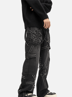 Dark blue Spider denim pants from My Store with a slim fit, featuring classic five-pocket design and reinforced stitching.