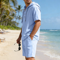 Men's breathable linen casual set with hood, consisting of loose-fit shirt and pants, ideal for relaxed, comfortable wear.