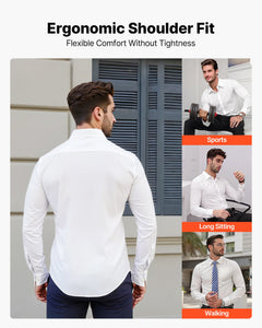 Men's white long sleeve wrinkle-free dress shirt with slim fit soft stretch fabric, ideal for business casual, formal, or wedding wear.