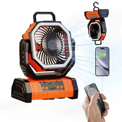 Outdoor household power bank with LED light and camping fan, portable rechargeable device for outdoor activities.