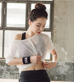 Women’s yoga shirt by My Store, breathable mesh crop top with hollow out design, ideal for running, fitness, and gym activities.