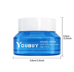 Teeth whitening brightening powder in a clear jar with a scoop, showing the natural white powder used for dental whitening.