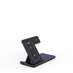 Foldable 3-in-1 LED wireless charger stand with fast charging for smartphones and devices, featuring a sleek, modern design.