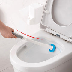 Disposable toilet brush with handle and bristles, designed for hygienic cleaning of bathroom toilets.