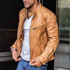 Men's black punk motorcycle leather jacket with silver hardware, featuring a classic biker style and fitted design.