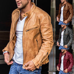 Black punk men's motorcycle leather jacket with silver hardware and distressed finish, stylish and durable biker jacket.