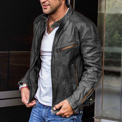 Black punk men's motorcycle leather jacket with silver hardware and zippered pockets, stylish and durable motorcycle leather jacket.