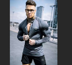 Black men's zipper neck fitness shirt with long sleeves, ideal for gym and sports activities, by My Store.