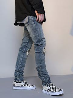 Men's ripped washed blue denim jeans with distressed details, casual fit, and classic five-pocket design from My Store.