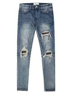 Men's ripped washed blue denim jeans with distressed details, casual fit, and classic five-pocket design from My Store.