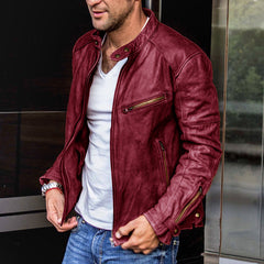 Punk men's motorcycle leather jacket with studs and zippers, black leather, stylish and durable for biker fashion.