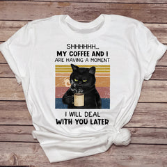 Female T-shirt with funny cat drinking coffee graphic, casual pet-themed top from My Store, front view.
