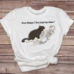 Female T-shirt with a humorous cat drinking coffee print, casual pet-themed clothing from My Store.