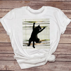 Funny female T-shirt featuring a coffee-drinking cat graphic, perfect casual pet-themed apparel from My Store.