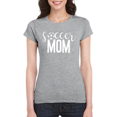 Women's Soccer Mom T-shirt with football and game day print, casual sports tee for women, ideal for soccer fans and moms.
