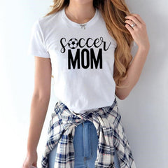 Women's Soccer Mom T-shirt with football print, perfect for game day, featuring a comfortable casual fit and sporty design.