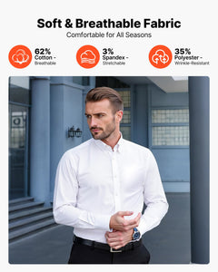 Men's white slim fit button-up dress shirt with long sleeves, wrinkle-free soft stretch fabric, suitable for business or formal occasions.