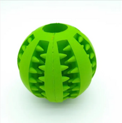 Interactive rubber dog ball with slow feeder design, suitable for promoting mental stimulation and playful feeding.