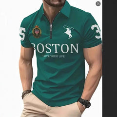 Men's 3D digital print zip-up polo shirt featuring vibrant graphic design and a full front zipper.