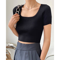 Women’s knitted top by My Store featuring a square neckline, short sleeves, and a fitted design, perfect for casual fashion.