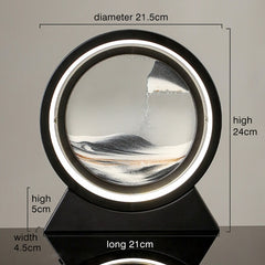 Moving sand art landscape table lamp with flowing sand and a wooden base, creating calming desert scene visuals.