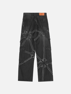 Spider Denim Pants from My Store featuring a stylish denim design with spider-themed embroidery on the front and back pockets.