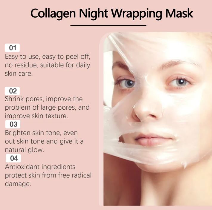 Hydrating collagen peel-off mask from My Store showing a clear gel mask with collagen ingredients on a skincare tray.