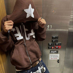 Star printed zip-up hoodie from My Store, featuring a front zipper, star pattern, and cozy hooded design.
