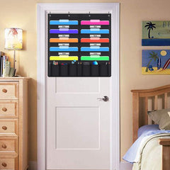 Hanging file holder organizer rack with 10 file pockets and 10 supply pockets, suitable for office or home organization.