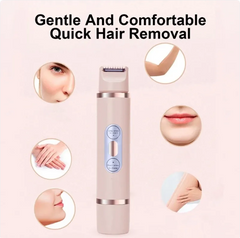 Dual-head electric shaver and epilator for women, includes bikini, underarm, facial, lips, and leg hair removal attachments.