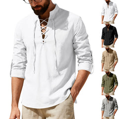 Men's casual long-sleeve linen Henley shirt from My Store, shown in beige with button-front and relaxed fit.