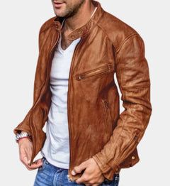 Black punk men's motorcycle leather jacket with metal studs and zippers, featuring a classic biker style and rugged leather texture.