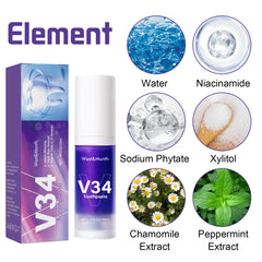 V34 Tooth Cleaning Mousse in a white tube with blue and green accents, designed for oral hygiene and fresh breath.