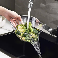 Heat Guard kitchen drainage basket with stainless steel mesh and handle for draining and cooling hot foods.