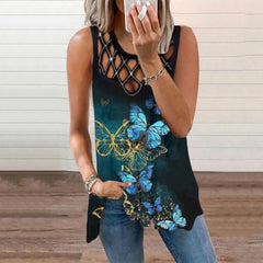 Women's sleeveless hot drilled vest T-shirt with hollowed-out design and print, stylish women’s shirt from My Store.