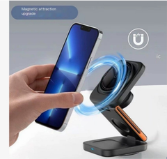 Wireless charger in black with 3-in-1 folding design for multiple device charging, compatible with smartphones and smartwatches.