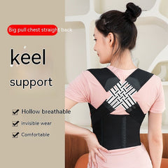 Unisex posture corrector back brace worn by a person to improve spinal alignment and posture support.