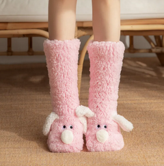 Women’s plush dog socks featuring soft, cozy fabric with cute dog patterns, perfect for comfortable, stylish winter wear.