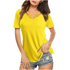 Light blue women's V-neck short sleeve T-shirt with a relaxed fit, featuring a front cross detail and loose design.
