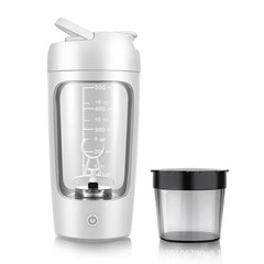 Electric portable whey protein shaker bottle by My Store, showing a sleek black bottle with mixing lid and electric motor for smooth shakes.