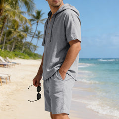 Men's loose, breathable linen casual set with hood, featuring a relaxed fit and lightweight fabric, perfect for casual wear