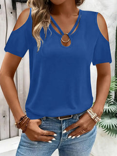 Women's loose-fit cross-over V-neck off-the-shoulder short-sleeve T-shirt from My Store, shown in a relaxed fit with a stylish neckline.